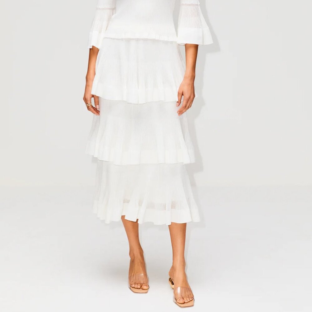 Zimmermann Cotton-Blend Rib-Knit Tiered Midi-Skirt Cream Size 2 (6-8) - Picture 2 of 14